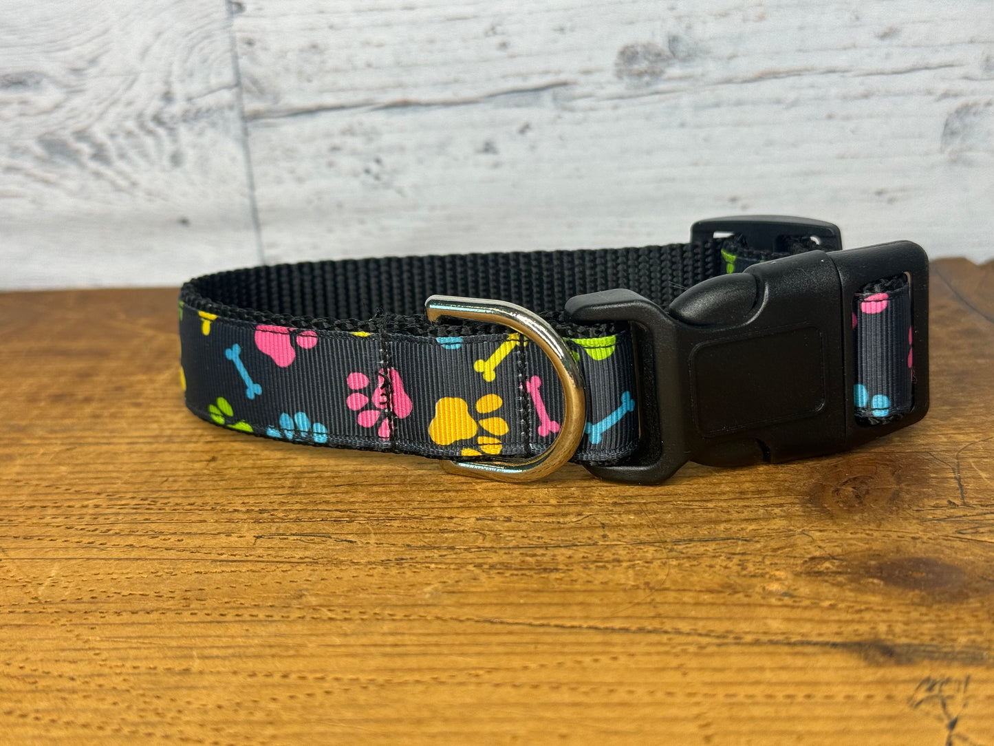 Colorful Bones on Black Dog Collar